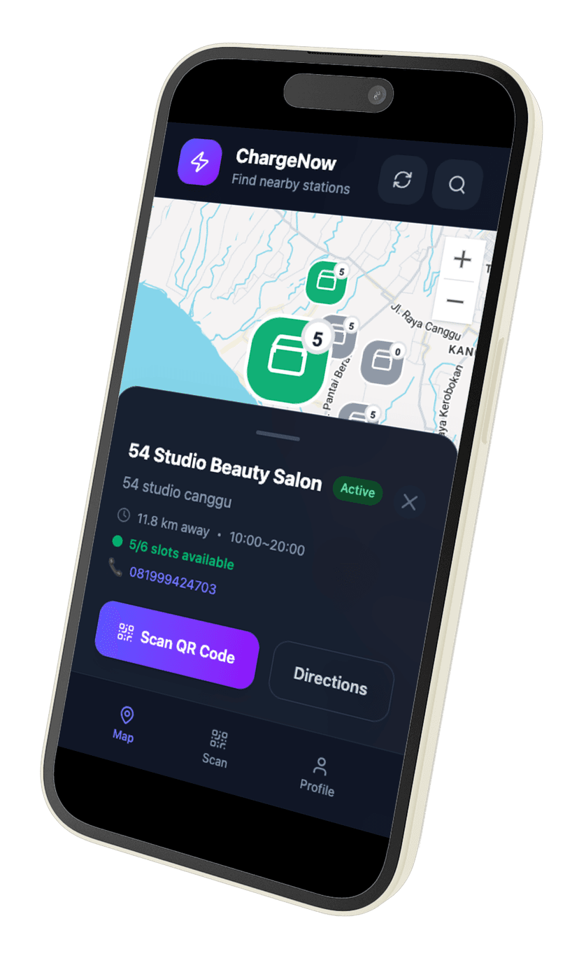 ChargeNow app showing nearby stations with QR scanner